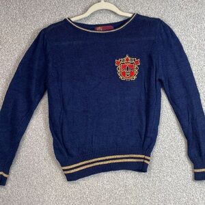 Stirling Cooper crest embroidered linen blend sweater gold accents S regal retro